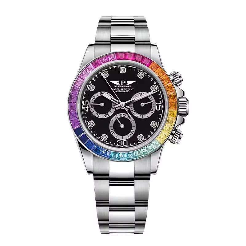 Muškarci Luksuzni Rainbow Dizajn Modni Čelik Datum Višenamjenski Dijamantsko kućište Diamond Dial Automatski Mehanički satovi